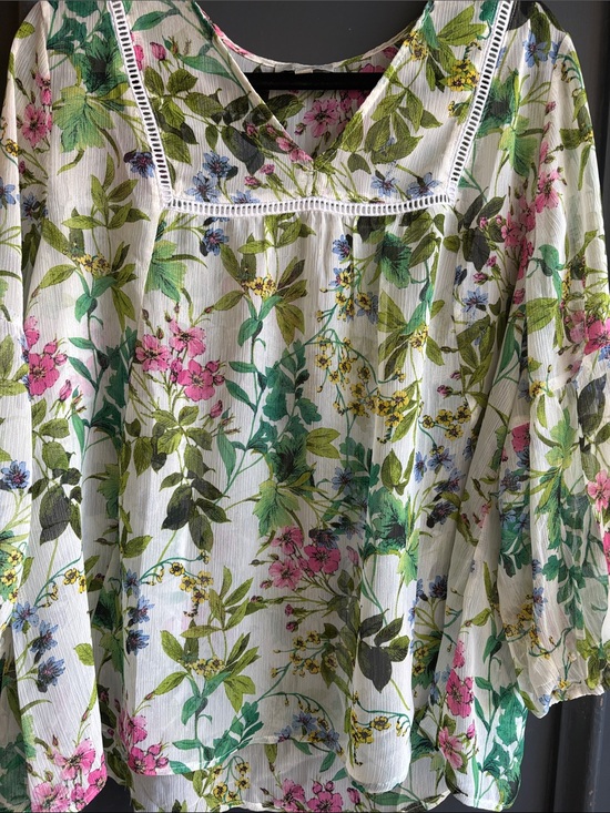 Chenault Tops - Chenault White Floral Lace-Trim V-Neck Tunic with Pink, Green & Yellow Blooms